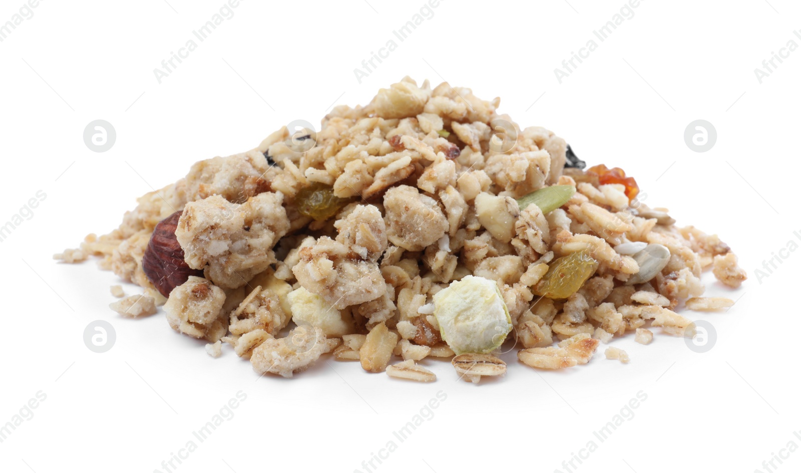 Photo of Pile of granola on white background. Healthy snack