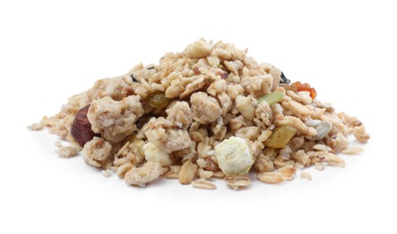 Photo of Pile of granola on white background. Healthy snack