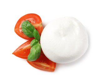 Delicious mozzarella and tomatoes on white background, top view