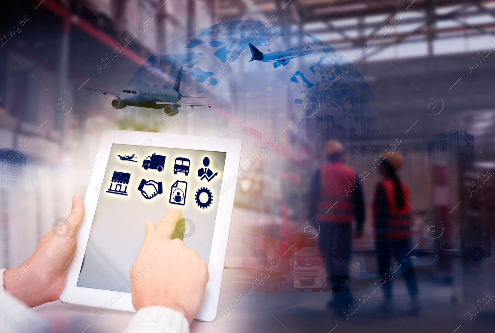 Image of Wholesale and logistics concept. Multiple exposure of woman with tablet, warehouse, different transports and world globe