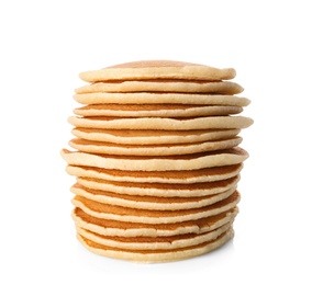 Stack of hot tasty pancakes on white background