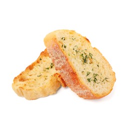 Photo of Pieces of tasty baguette with dill isolated on white