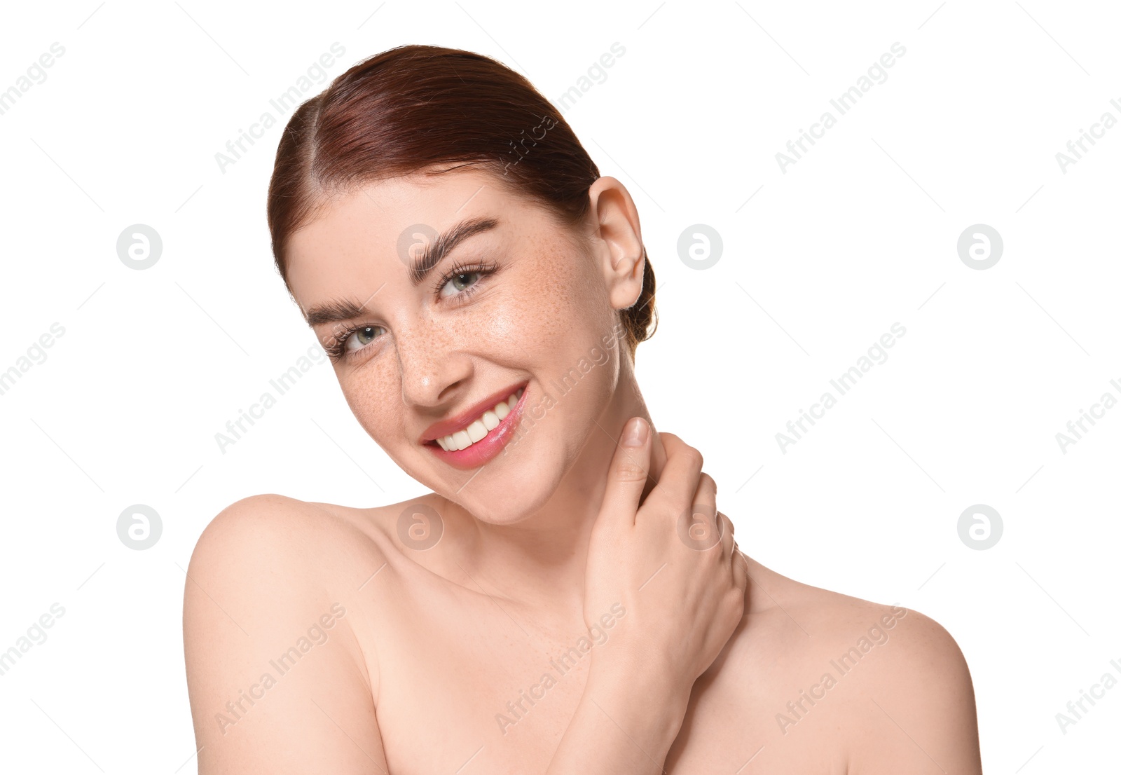 Photo of Portrait of smiling woman on white background