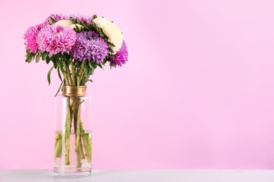 Photo of Beautiful asters in vase on table against pink background, space for text. Autumn flowers