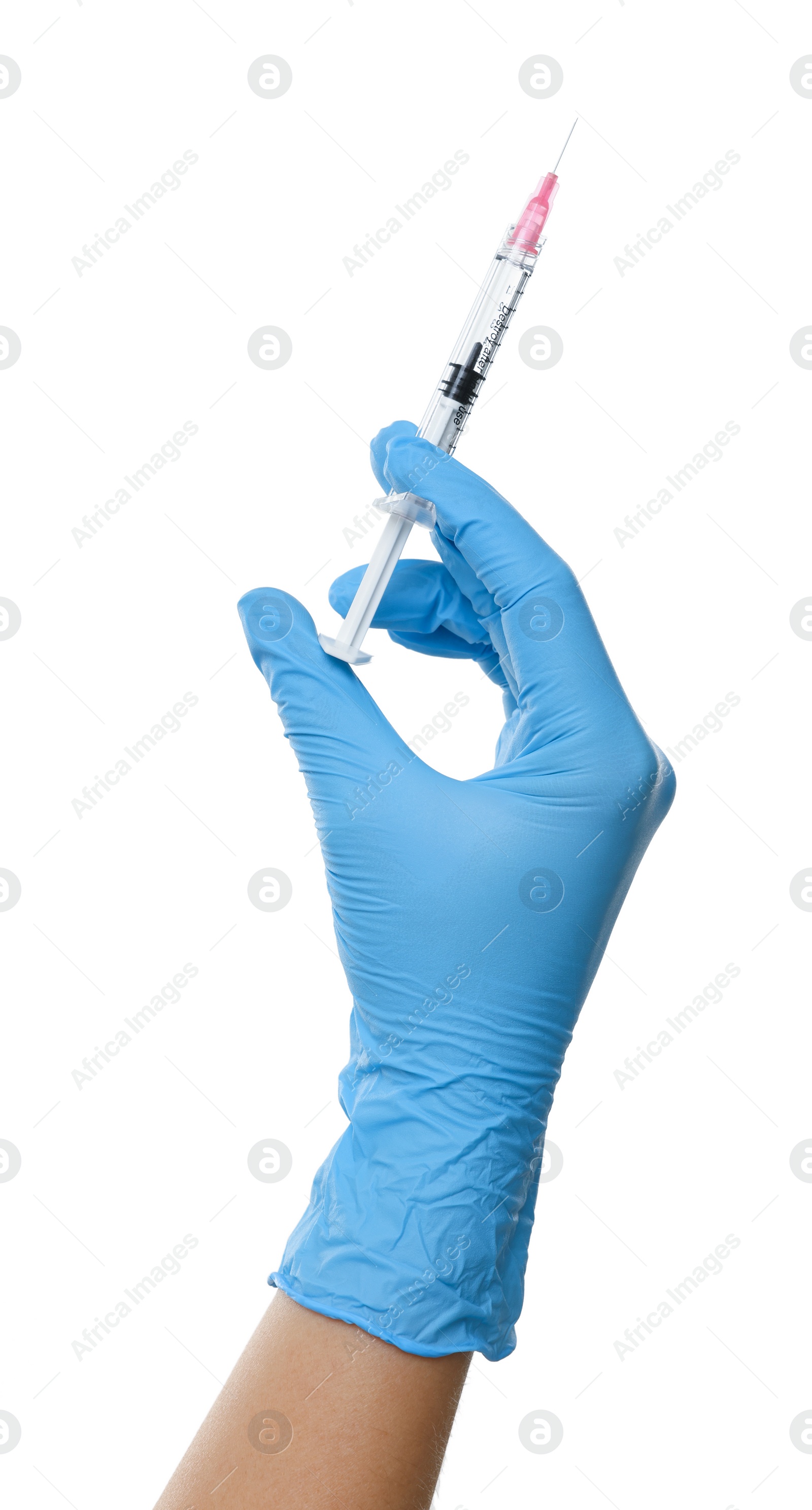 Photo of Doctor holding medical syringe on white background, closeup