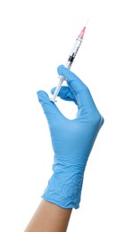 Photo of Doctor holding medical syringe on white background, closeup