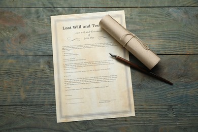 Photo of Last Will and Testament, scroll and pen on rustic wooden table, flat lay