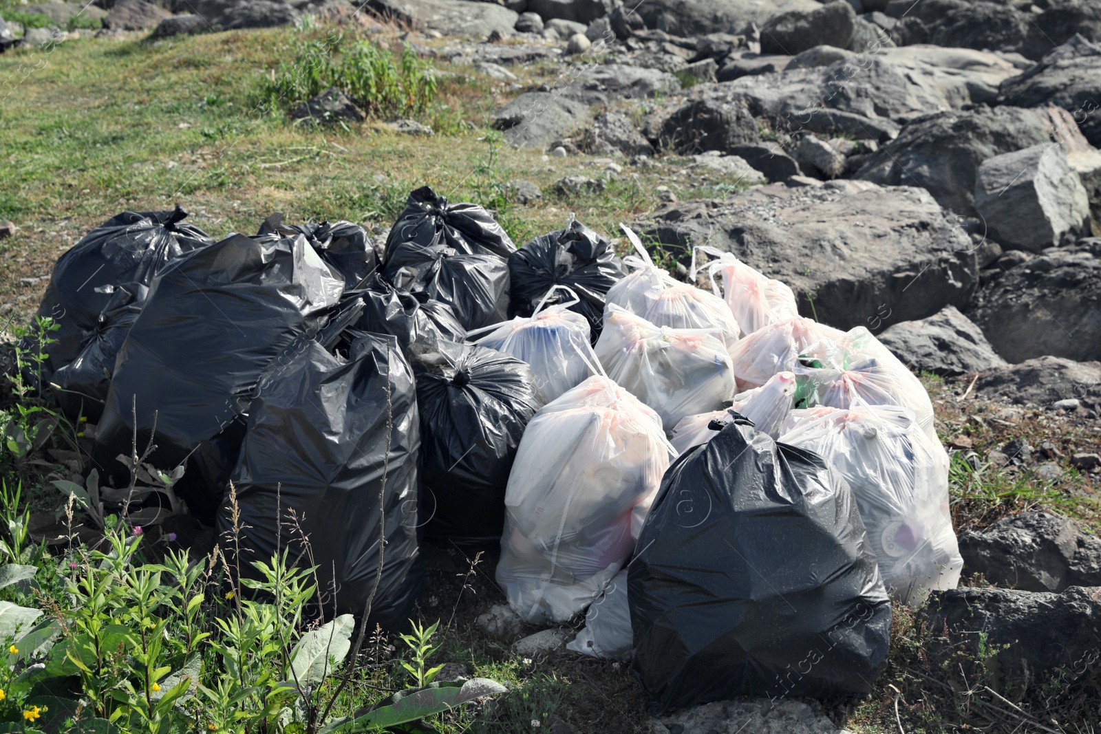 Photo of Many trash bags full of garbage outdoors. Environmental Pollution concept