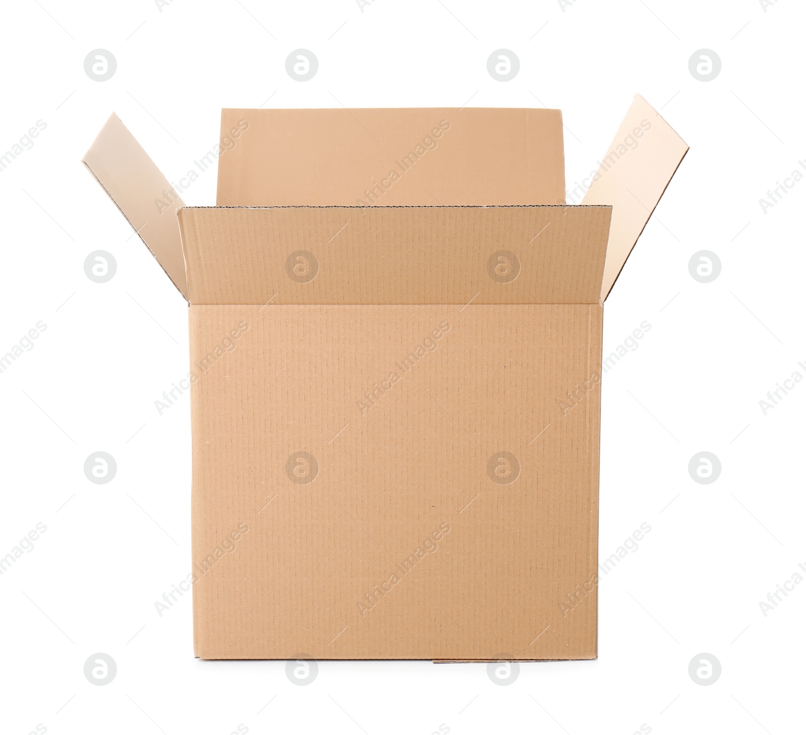 Photo of Open cardboard box on white background