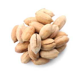 Photo of Heap of pecan nuts in shell on white background, top view