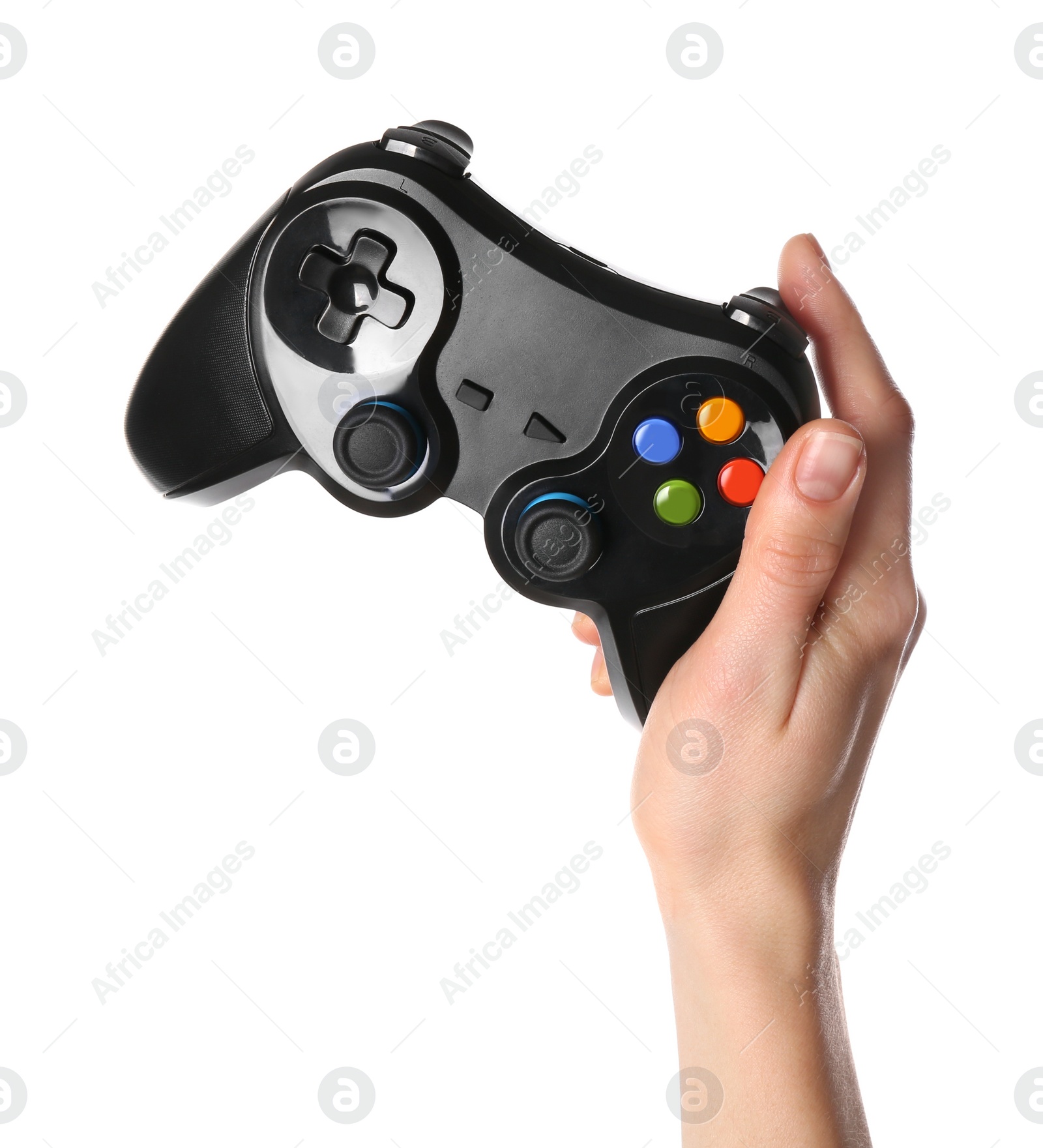 Photo of Woman holding game controller on white background, closeup