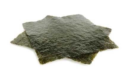 Two dry nori sheets on white background