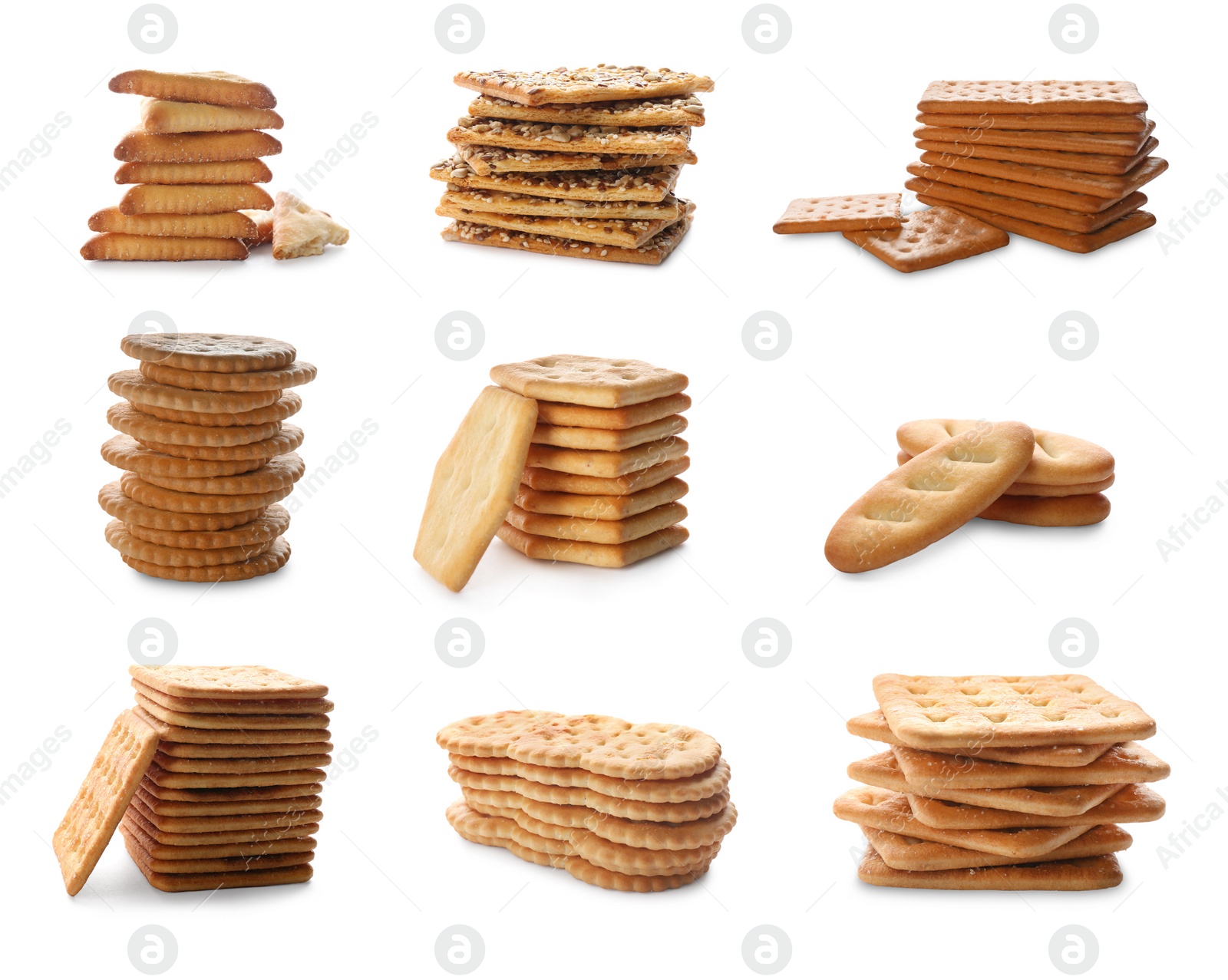 Image of Set of tasty stacked crackers on white background