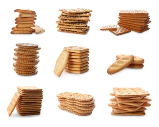 Set of tasty stacked crackers on white background