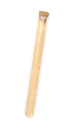 Photo of Glass tube with garlic powder on white background, top view