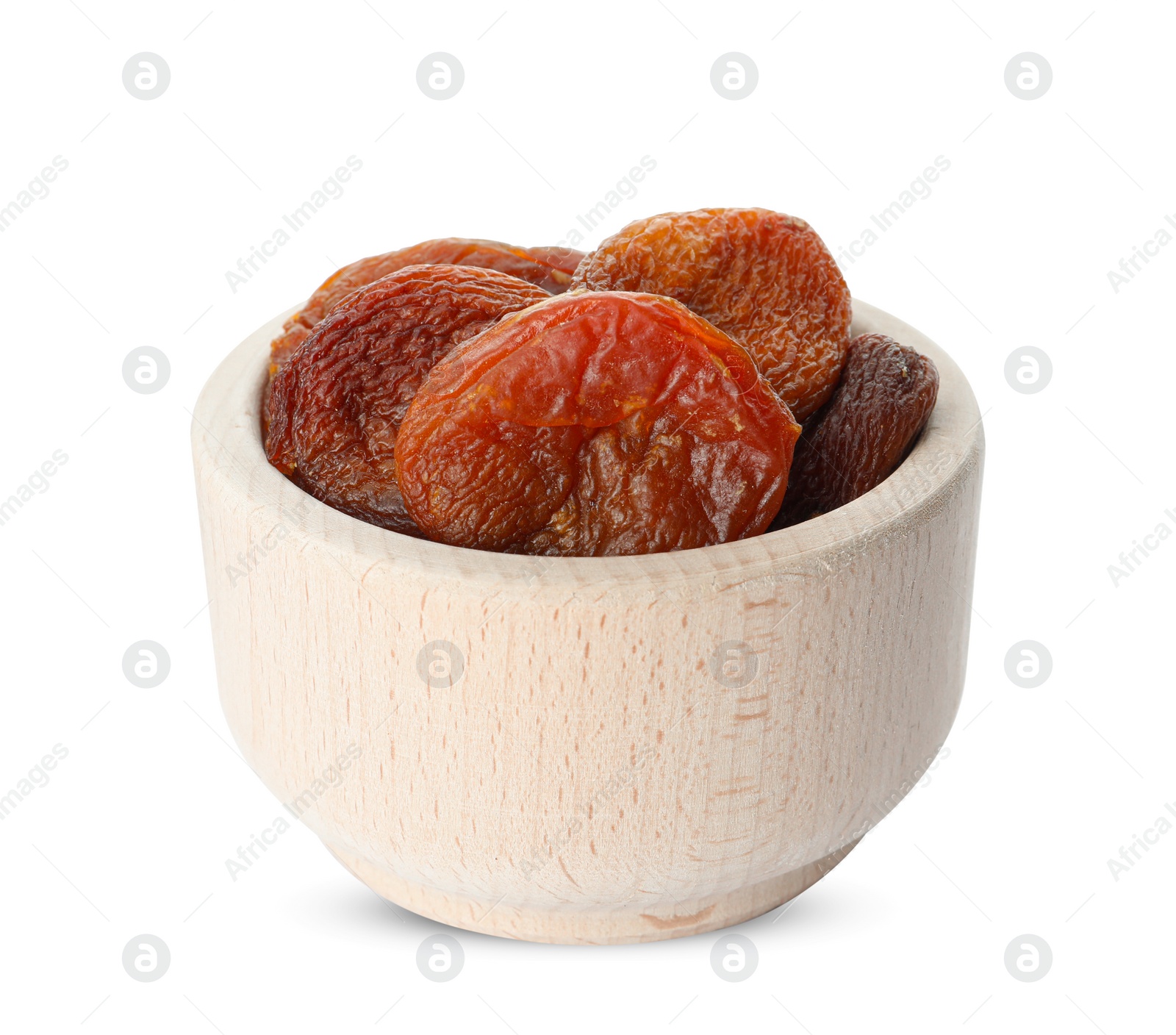 Photo of Ceramic bowl with tasty dried apricots isolated on white