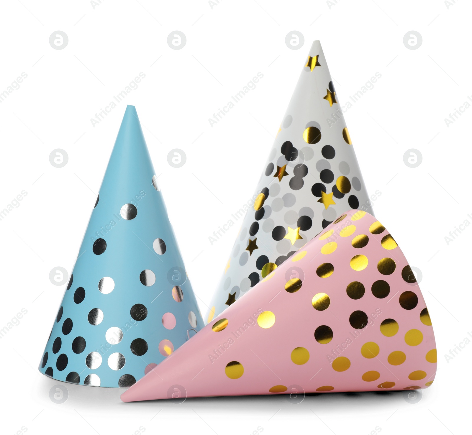 Photo of Bright party hats on white background. Festive accessory