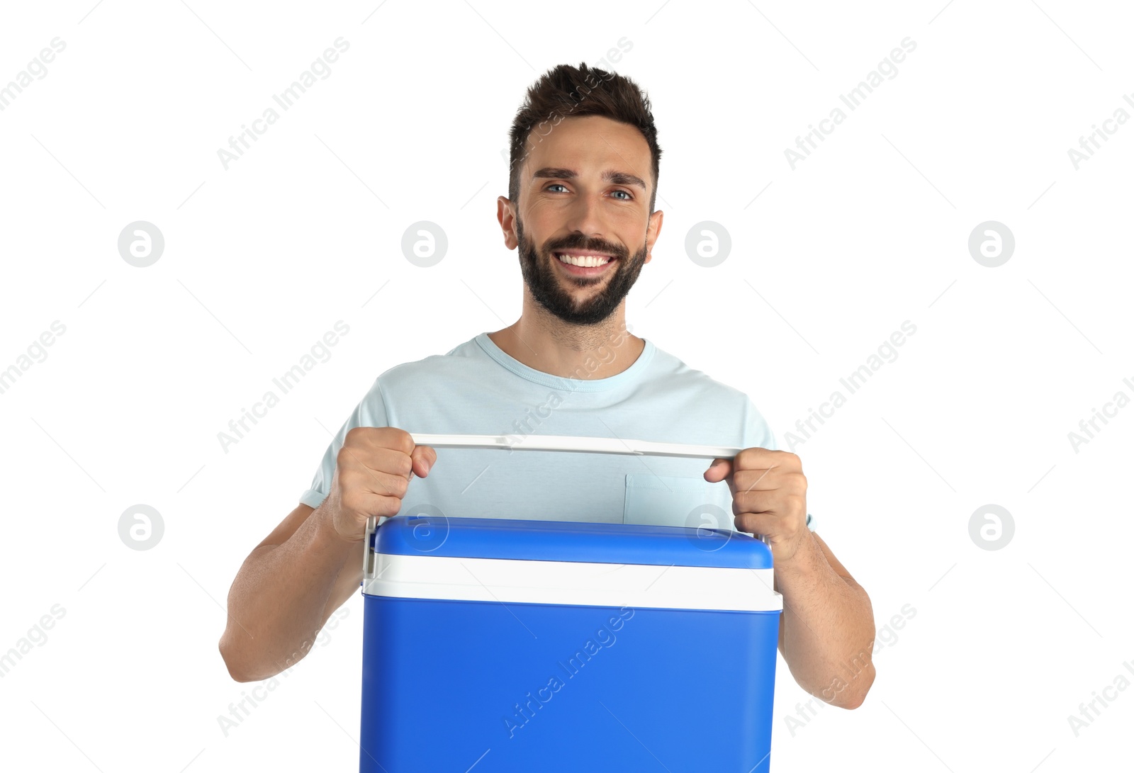 Photo of Happy man with cool box on white background