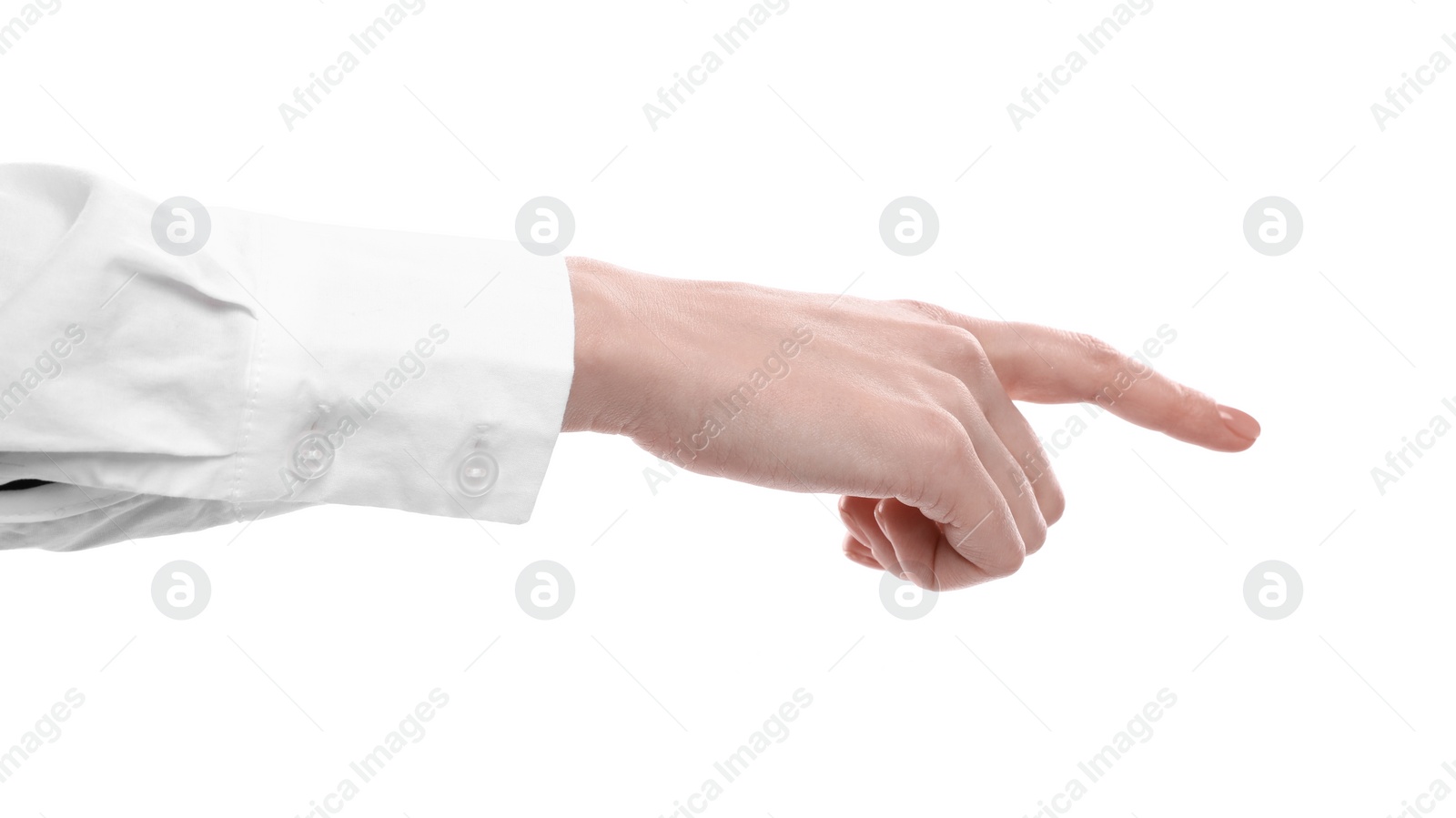 Photo of Woman pointing with index finger on white background, closeup