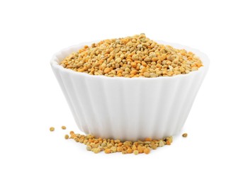 Fresh bee pollen granules in bowl isolated on white