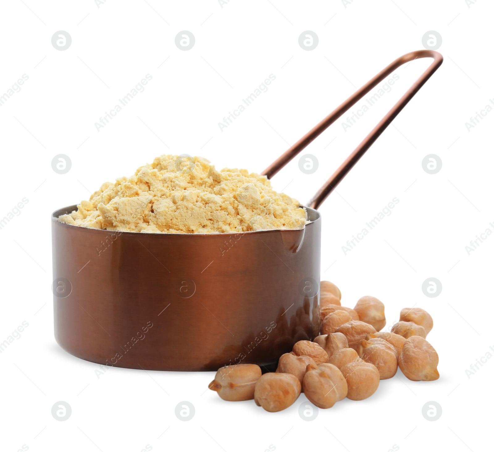 Photo of Chickpea flour in dish and seeds isolated on white