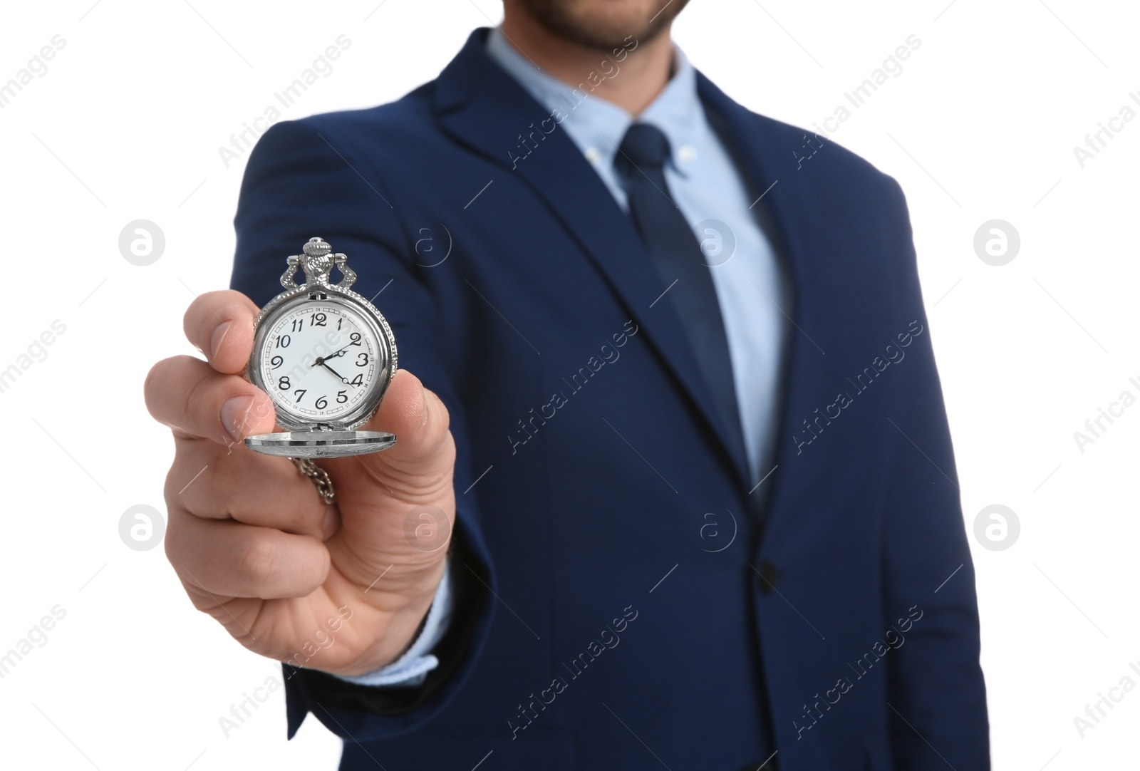 Photo of Businessman holding pocket watch on white background, closeup. Time management