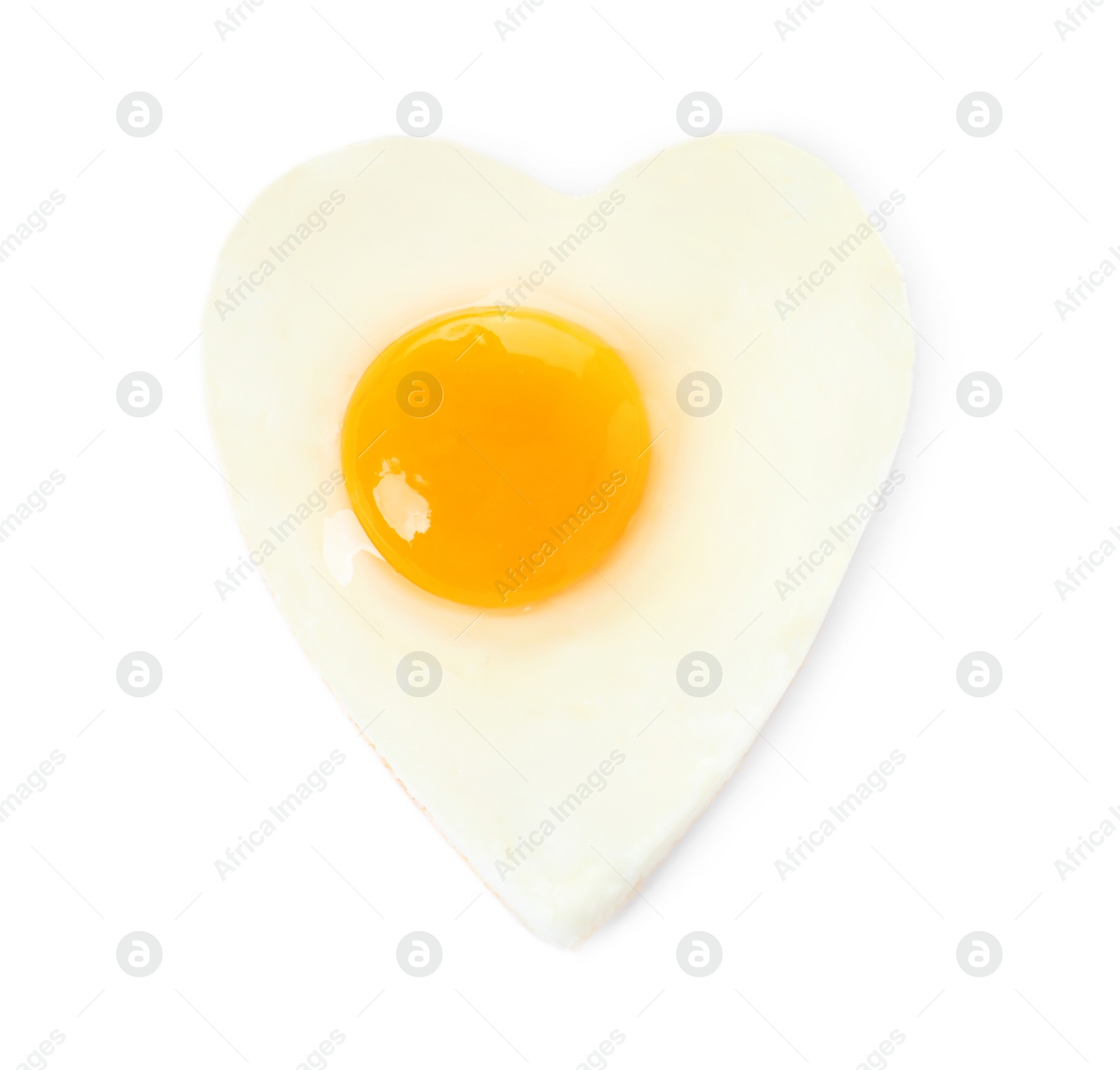 Photo of Heart shaped fried egg isolated on white, top view