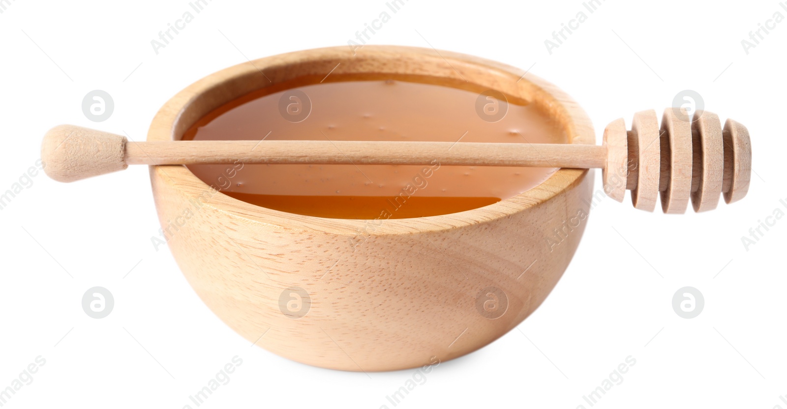 Photo of Tasty honey in bowl and dipper isolated on white