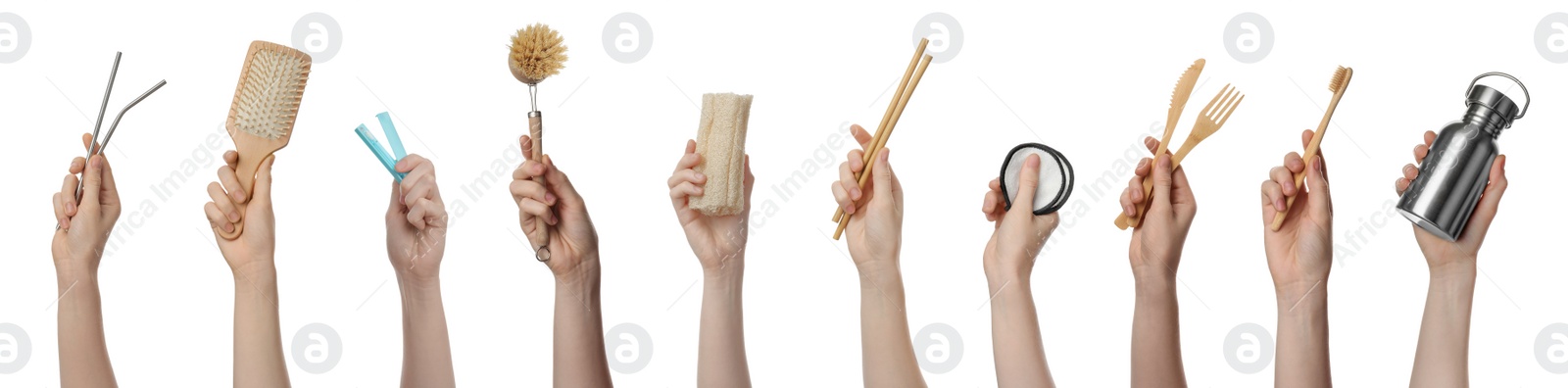 Image of Collage with photos of women holding different eco friendly items on white background, closeup. Conscious consumption