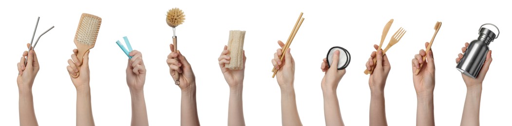 Collage with photos of women holding different eco friendly items on white background, closeup. Conscious consumption