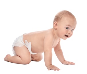 Cute little baby crawling on white background