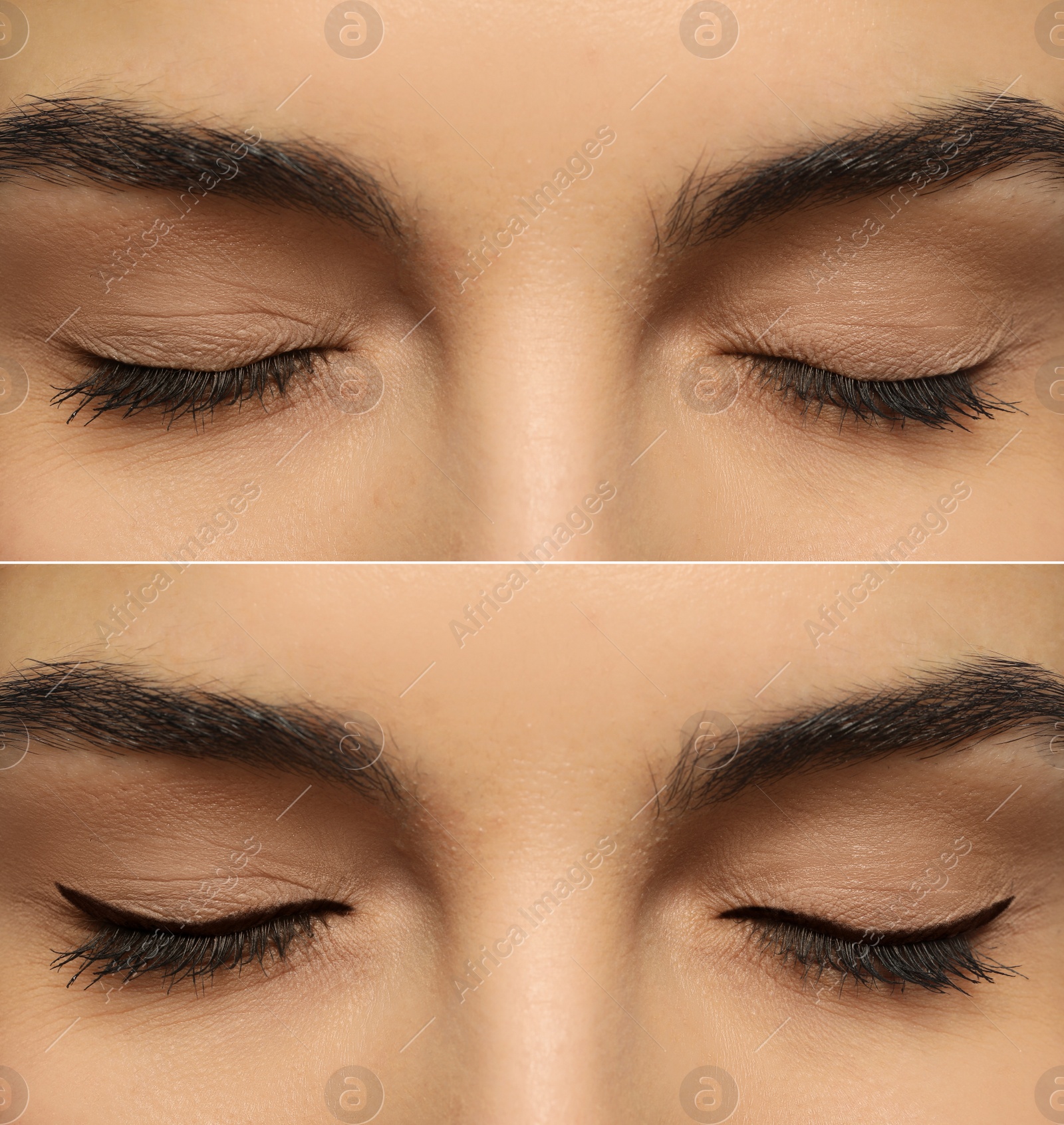 Image of Collage with photos of young woman before and after getting permanent eyeliner makeup, closeup