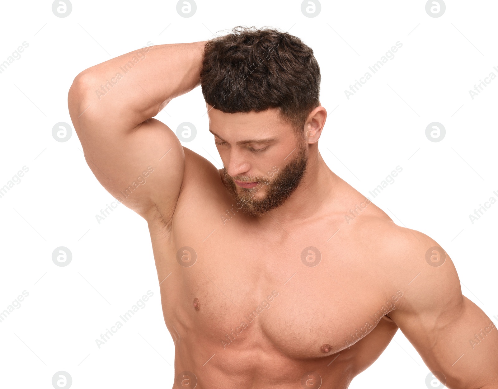 Photo of Handsome muscular man isolated on white. Sexy body