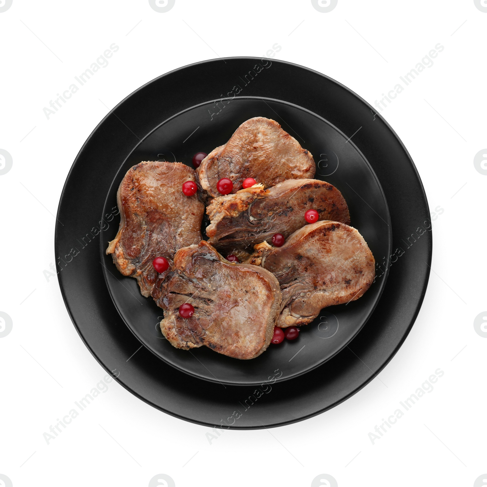 Photo of Tasty beef tongue pieces isolated on white, top view