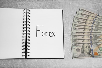 Photo of Notebook with word Forex and money on grey table, flat lay