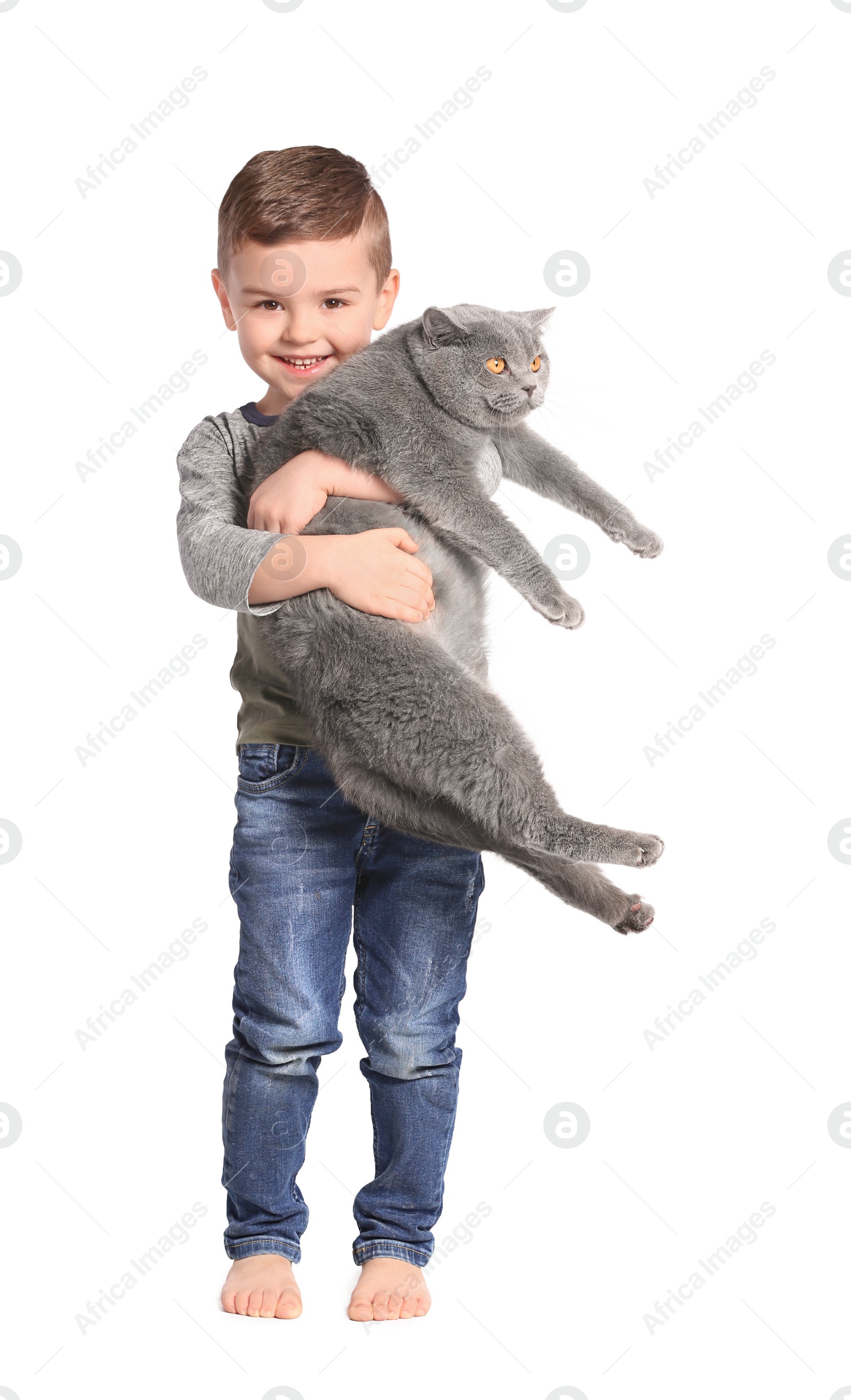 Photo of Cute little child with cat on white background