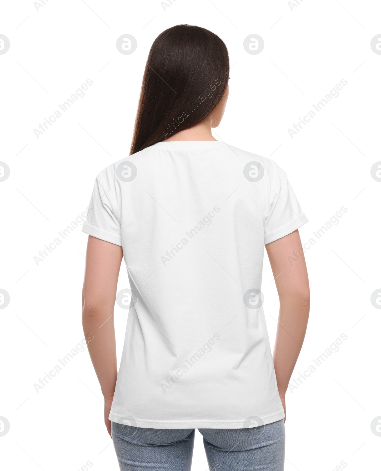 Photo of Woman wearing stylish T-shirt on white background, back view