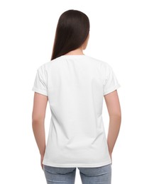 Woman wearing stylish T-shirt on white background, back view