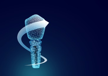 Illustration of dental implant on dark blue background. Space for text