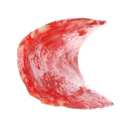 Cut fresh tasty sausage on white background