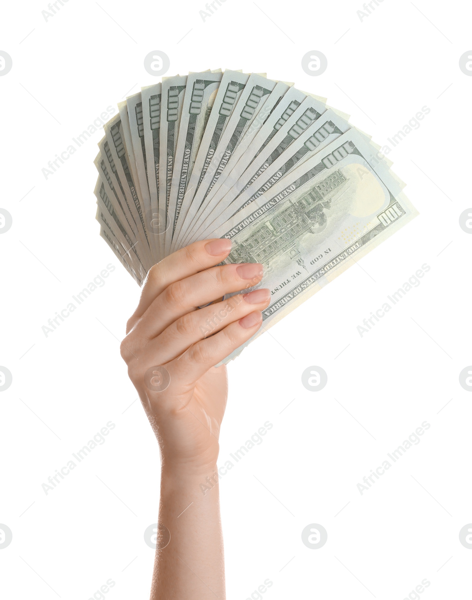 Photo of Woman with American money on white background, closeup