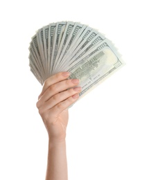 Photo of Woman with American money on white background, closeup