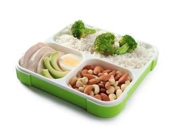 Container with natural healthy lunch on white background. High protein food