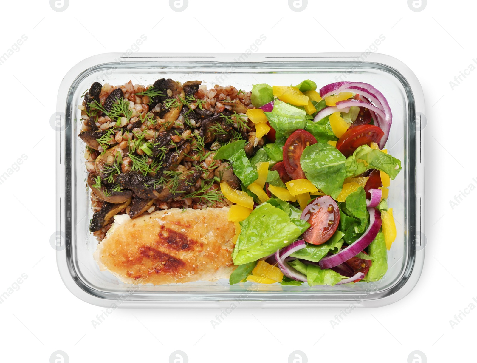 Photo of Healthy meal. Cutlet, buckwheat and salad in container isolated on white, top view