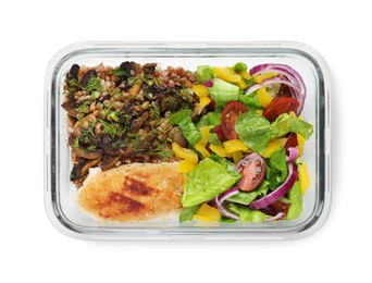 Photo of Healthy meal. Cutlet, buckwheat and salad in container isolated on white, top view