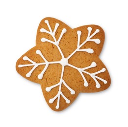 Tasty star shaped Christmas cookie with icing isolated on white, top view