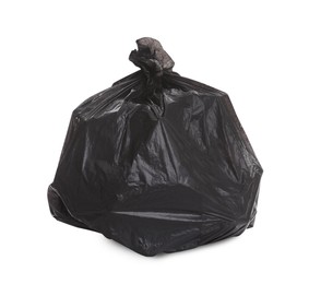 Photo of Black garbage bag full of trash on white background. Recycling rubbish