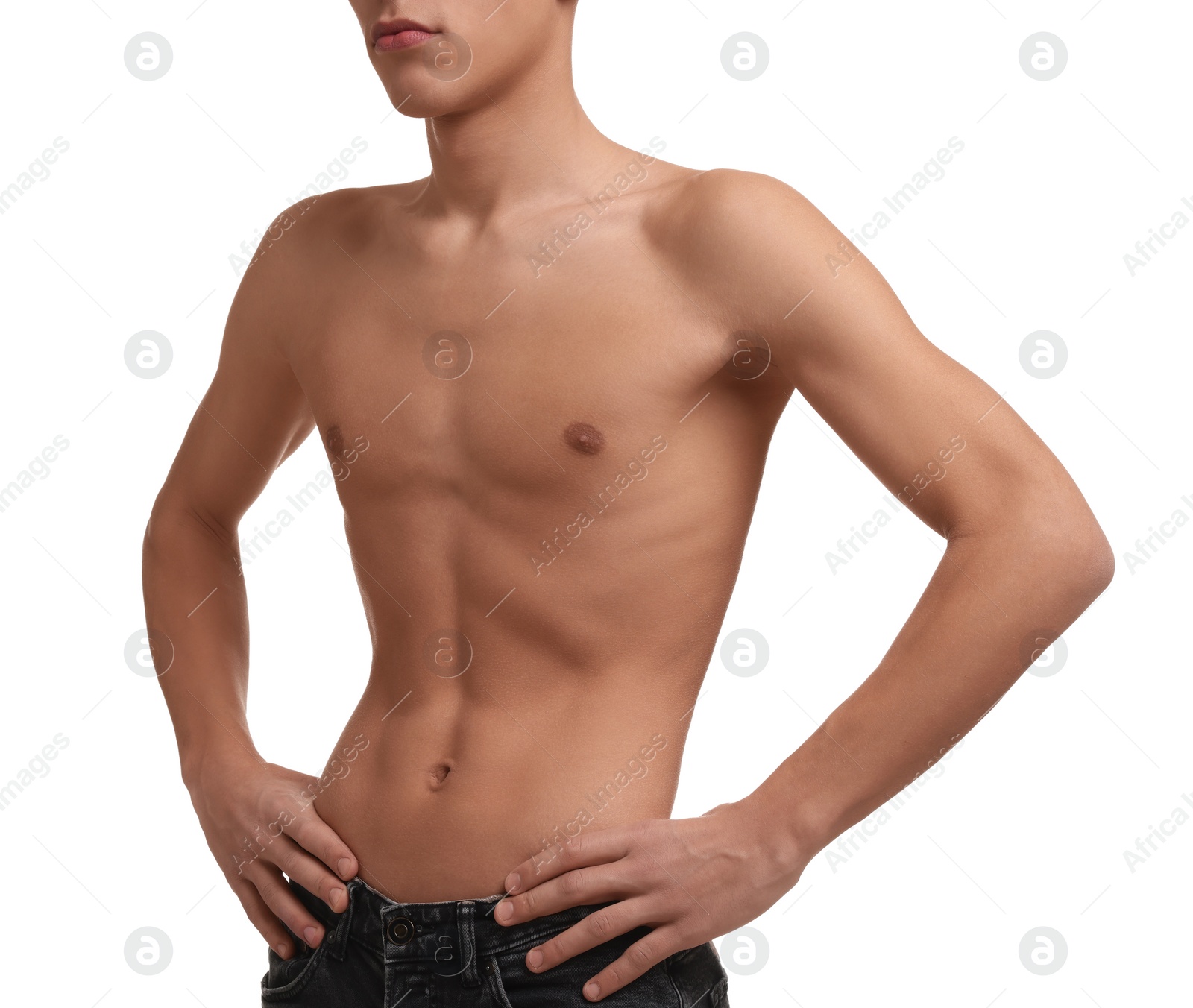 Photo of Shirtless man with slim body isolated on white, closeup