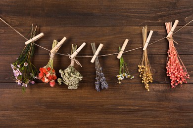 Photo of Many different dry plants and flowers hanging on rope near wooden wall