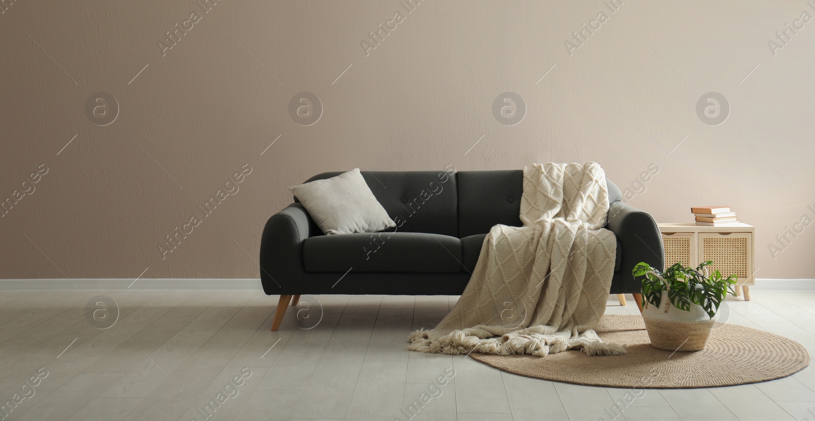 Photo of Living room interior with stylish comfortable sofa. Space for text